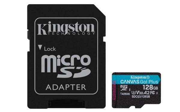 Kingston Canvas Go! Plus - Flash-Speicherkarte (microSDXC-an-SD-Adapter inbegriffen) - 128 GB - A2 / Video Class V30 / UHS-I U3 / Class10 - microSDXC UHS-I