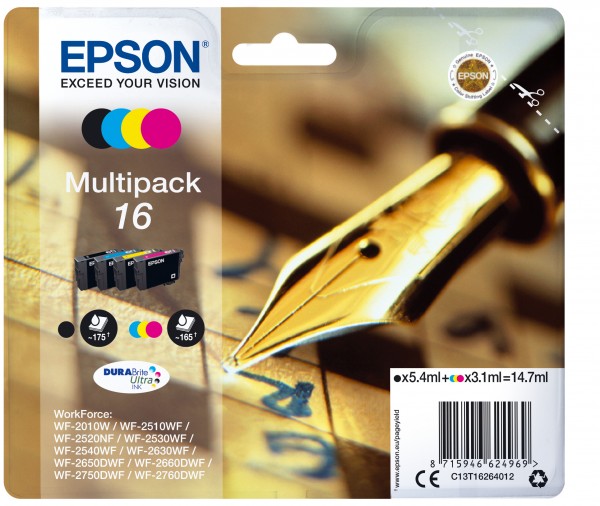 Epson 16 Multipack - 4er-Pack - Schwarz, Gelb, Cyan, Magenta - Original - Blister mit RF- / aktustischem Alarmsignal - Tintenpatrone - für WorkForce WF-2010, 2510, 2520, 2530, 2540, 2630, 2650, 2660, 2750, 2760