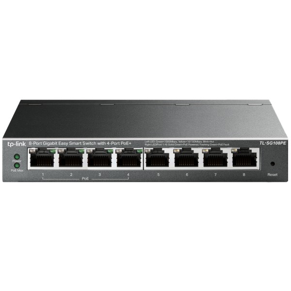 TP-LINK Easy Smart TL-SG108PE - Switch - Smart - 4 x 10/100/1000 (4 PoE) + 4 x 10/100/1000 - Desktop - PoE (55 W)