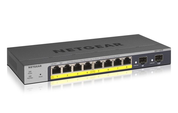 NETGEAR Smart GS110TPv3 - Switch - Smart - 8 x 10/100/1000 (PoE) + 2 x SFP - Desktop, wandmontierbar - PoE+ (55 W) - Gleichstrom