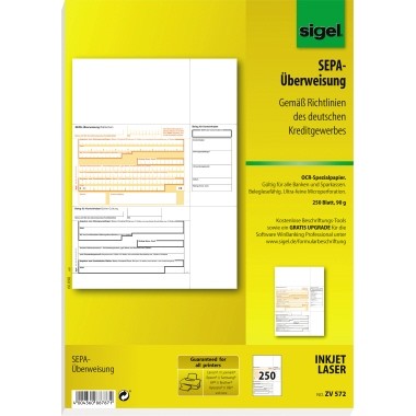 SIGEL Überweisung ZV572 DIN A4 für InkJet/Laser-Drucker 250 Bl./Pack.