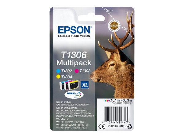 Epson T1306 Multipack - 3er-Pack - 30.3 ml - XL - Gelb, Cyan, Magenta - Original - Tintenpatrone - für Stylus Office BX630, BX635, BX935; WorkForce WF-3010, 3520, 3530, 3540, 7015, 7515, 7525