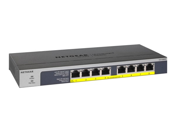 NETGEAR GS108LP - Switch - 8 x 10/100/1000 (PoE+) - Desktop, an Rack montierbar, wandmontierbar - PoE+ (60 W) - Gleichstrom