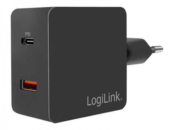 LogiLink USB wall charger - Netzteil - 18 Watt - 3 A - PD 3.0, QC 3.0 - 2 Ausgabeanschlussstellen (USB, USB-C) - Schwarz - Europa