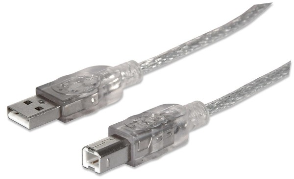 Manhattan USB-A to USB-B Cable, 5m, Male to Male, Translucent Silver, 480 Mbps (USB 2.0), Equivalent to Startech USB2HAB5M (except colour), Hi-Speed USB, Lifetime Warranty, Polybag - USB-Kabel - USB (M) zu USB Typ B (M) - USB 2.0 - 5 m - geformt - Tanslucent Silver