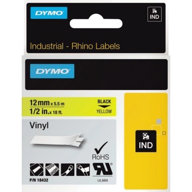 Dymo Schriftband S0718450 18432 12 mm 5,5 m schwarz auf gelb selbstklebend permanent Vinyl