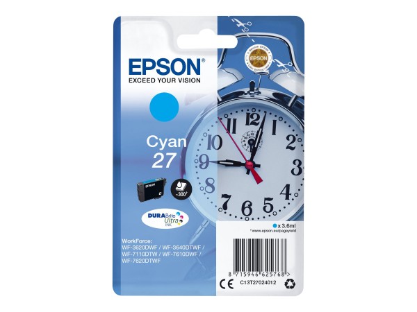 Epson 27 - 3.6 ml - Cyan - Original - Tintenpatrone - für WorkForce WF-3620, WF-3640, WF-7110, WF-7210, WF-7610, WF-7620, WF-7710, WF-7715, WF-7720