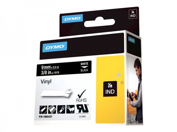 DYMO Rhino Coloured Vinyl - Vinyl - permanenter Klebstoff - Weiß auf Schwarz - Rolle (1 cm x 5,5 m) 1 Kassette(n) Band - für DYMO ILP219; Rhino 1000, 4200, 5000, 5200, 6000; RhinoPRO 1000, 3000, 5000, 6000, 6500