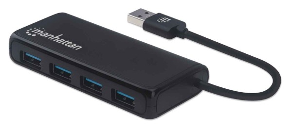 Manhattan USB-A 4-Port Hub, 4x USB-A Ports, 5 Gbps (USB 3.2 Gen1 aka USB 3.0), Bus Power, Equivalent to Startech ST4300PBU3 & ST4300MINU3B, SuperSpeed USB, Black, Three Year Warranty, Box - Hub - 4 x USB 3.2 Gen 1 - Desktop