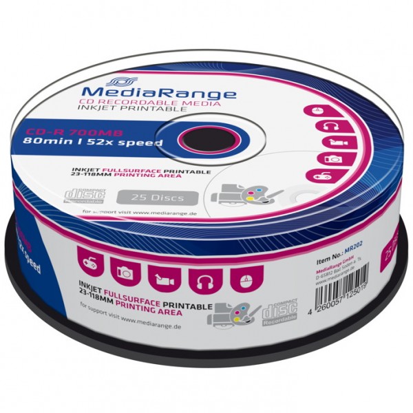 MediaRange Inkjet Fullsurface-Printable - 25 x CD-R - 700 MB (80 Min) 52x - mit Tintenstrahldrucker bedruckbare Oberfläche - Spindel