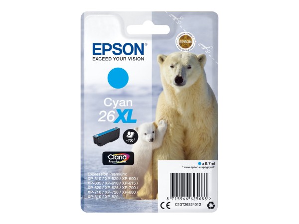 Epson 26XL - 9.7 ml - XL - Cyan - Original - Blisterverpackung - Tintenpatrone - für Expression Premium XP-510, 520, 600, 605, 610, 615, 620, 625, 700, 710, 720, 800, 810, 820