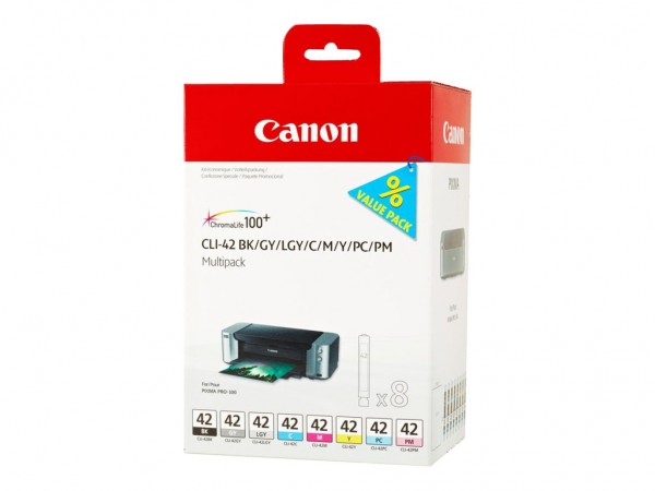 Canon CLI-42 BK/GY/LG/C/M/Y/PC/PM Multipack - 8er-Pack - Grau, Gelb, Cyan, Magenta, Hellgrau, Photo Cyan, Photo Magenta - original - Tintenbehälter - für PIXMA PRO-100, PRO-100S; PIXUS PRO-100